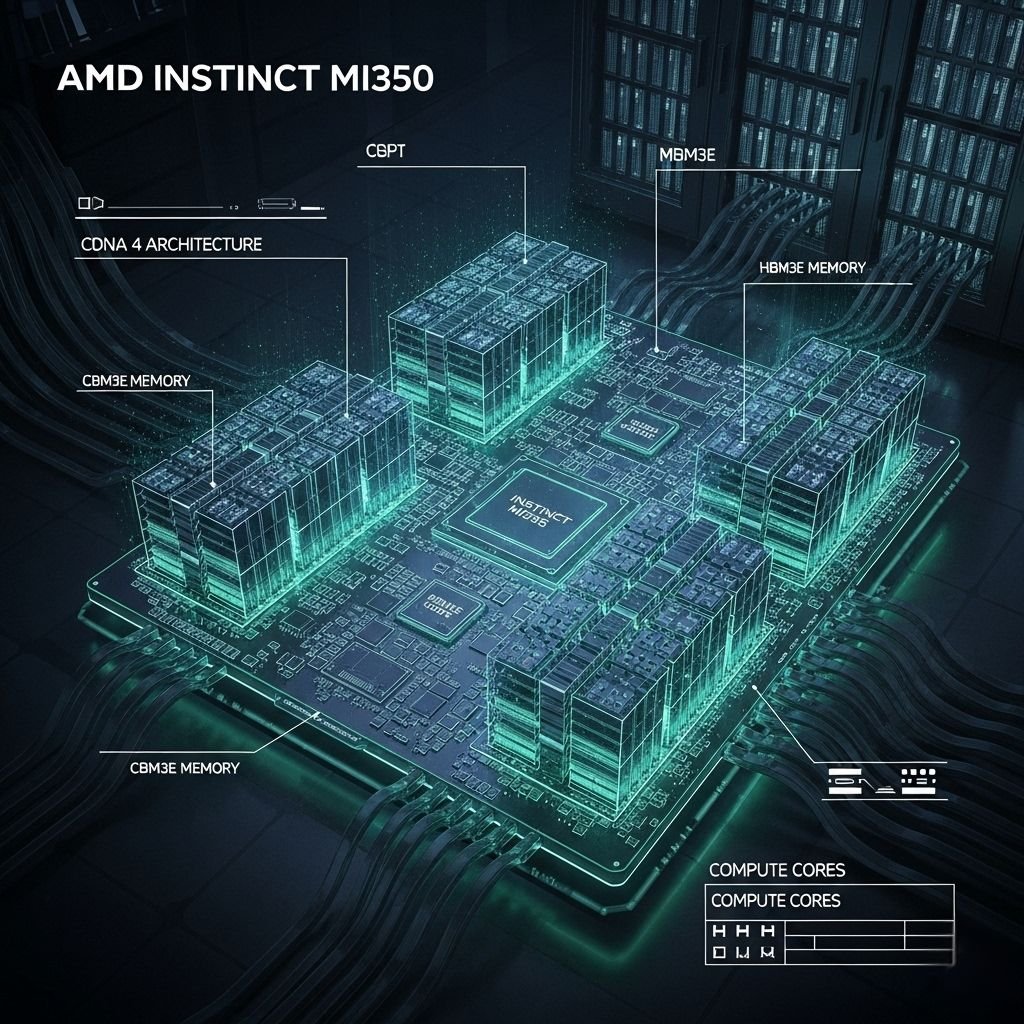 A glowing, futuristic diagram of an AMD Instinct MI350 GPU with HBM3E memory stacks and CDNA 4 architecture.