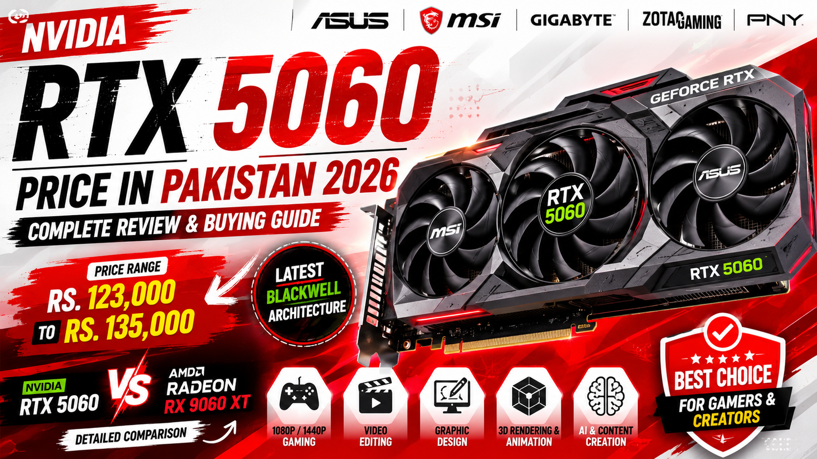 NVIDIA GeForce RTX 5060 graphics card featured on a red and white background with pricing information for Pakistan 2026. The banner highlights RTX 5060 performance, reviews, best variants from ASUS, MSI, Gigabyte, Zotac Gaming, and PNY, along with key features including 1080p and 1440p gaming, DLSS 4, advanced ray tracing, and content creation capabilities. Perfect for gamers, creators, and PC enthusiasts looking for the latest GPU prices and performance in Pakistan.